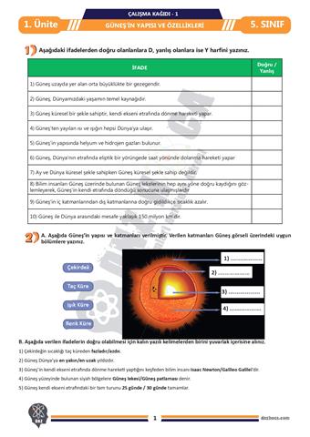 1_1_Gunesin-yapisi-ve-ozellikleri_calisma_kagidi_1_page-0001_1_dnzhoca 5. Sınıf Gökyüzündeki Komşumuz: Güneş Çalışma Kağıdı