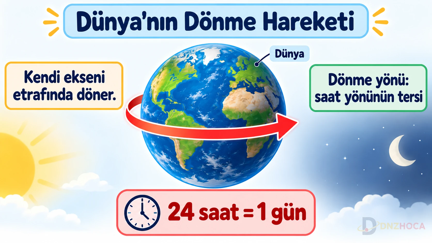 5-sinif-dunyanin-donme-hareketi Dünyamız ve Gökyüzündeki Komşularımız – 5. Sınıf Konu Anlatımı