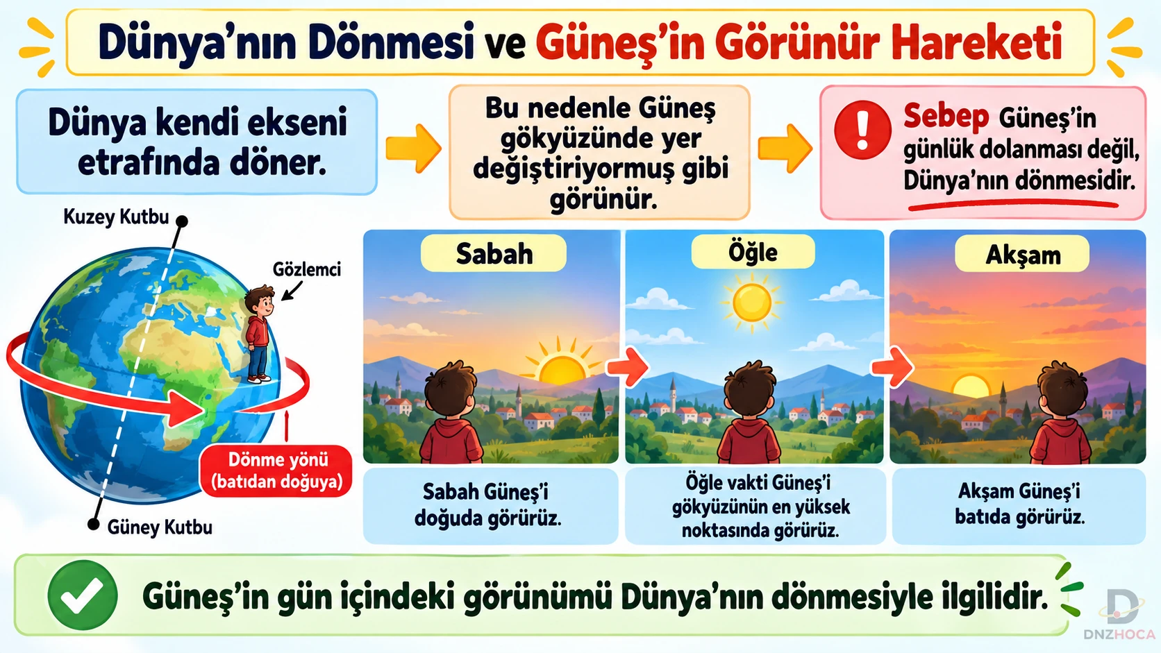 5-sinif-dunyanin-donmesi-ve-gunesin-gorunur-hareketi Dünyamız ve Gökyüzündeki Komşularımız – 5. Sınıf Konu Anlatımı