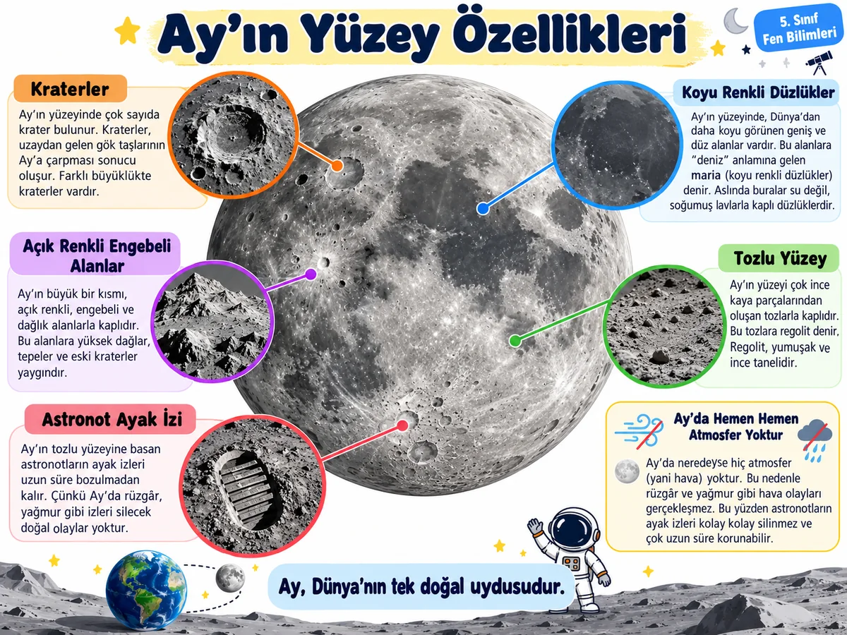 ayin_yuzey_ozellikleri 5. Sınıf Gökyüzündeki Komşumuz Ay Çalışma Kağıdı 3